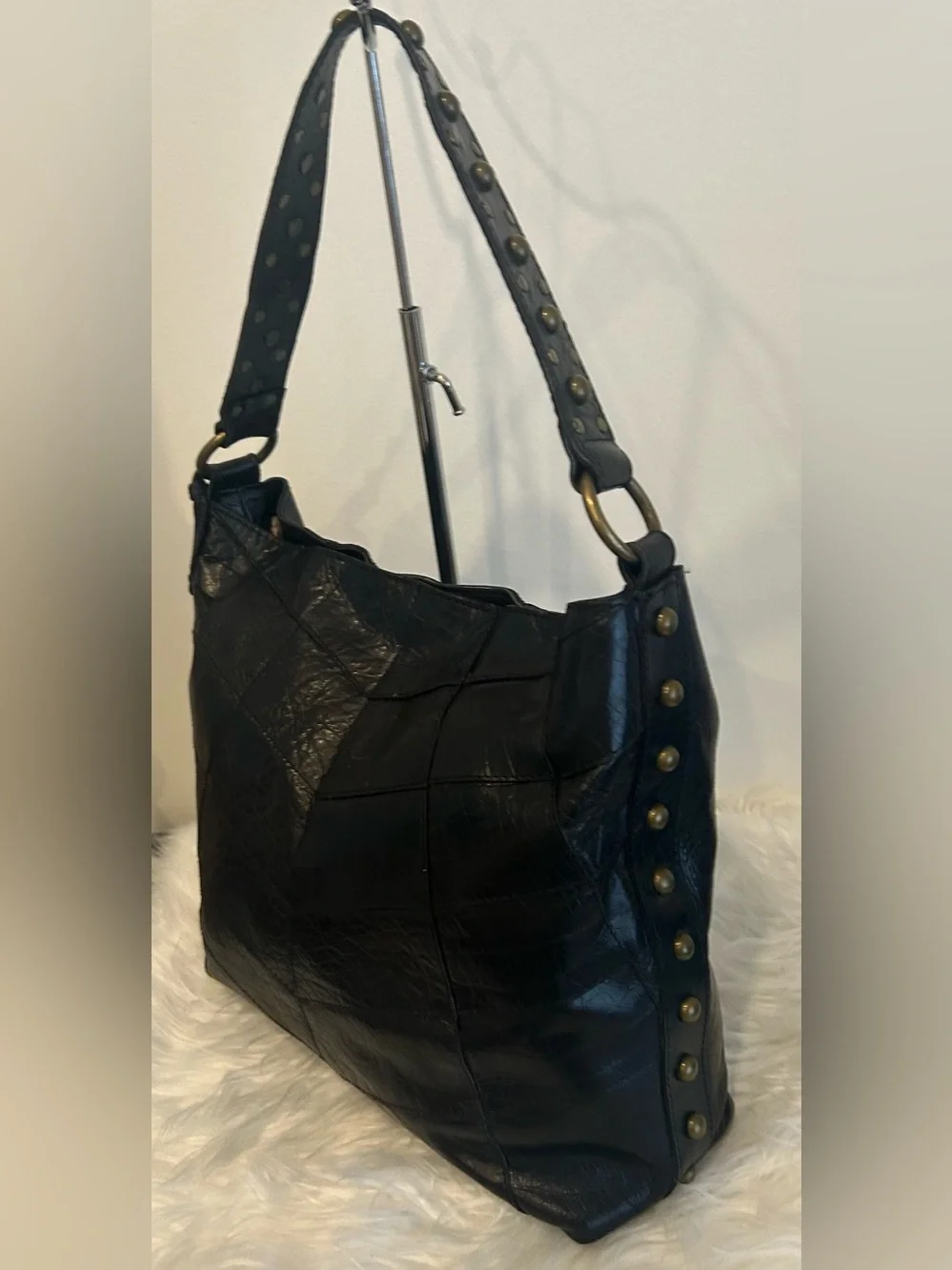 Angel By L. Martino Black Leather Shoulder Bag Crossbody Slouchy Hobo Purse